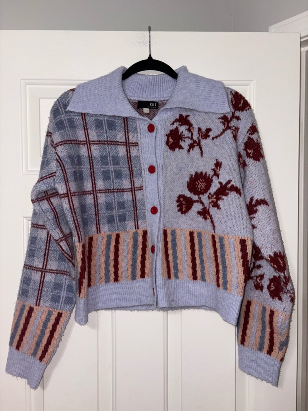 Kut from the Kloth Lavender Cardigan with Burgundy Floral & Plaid Accents